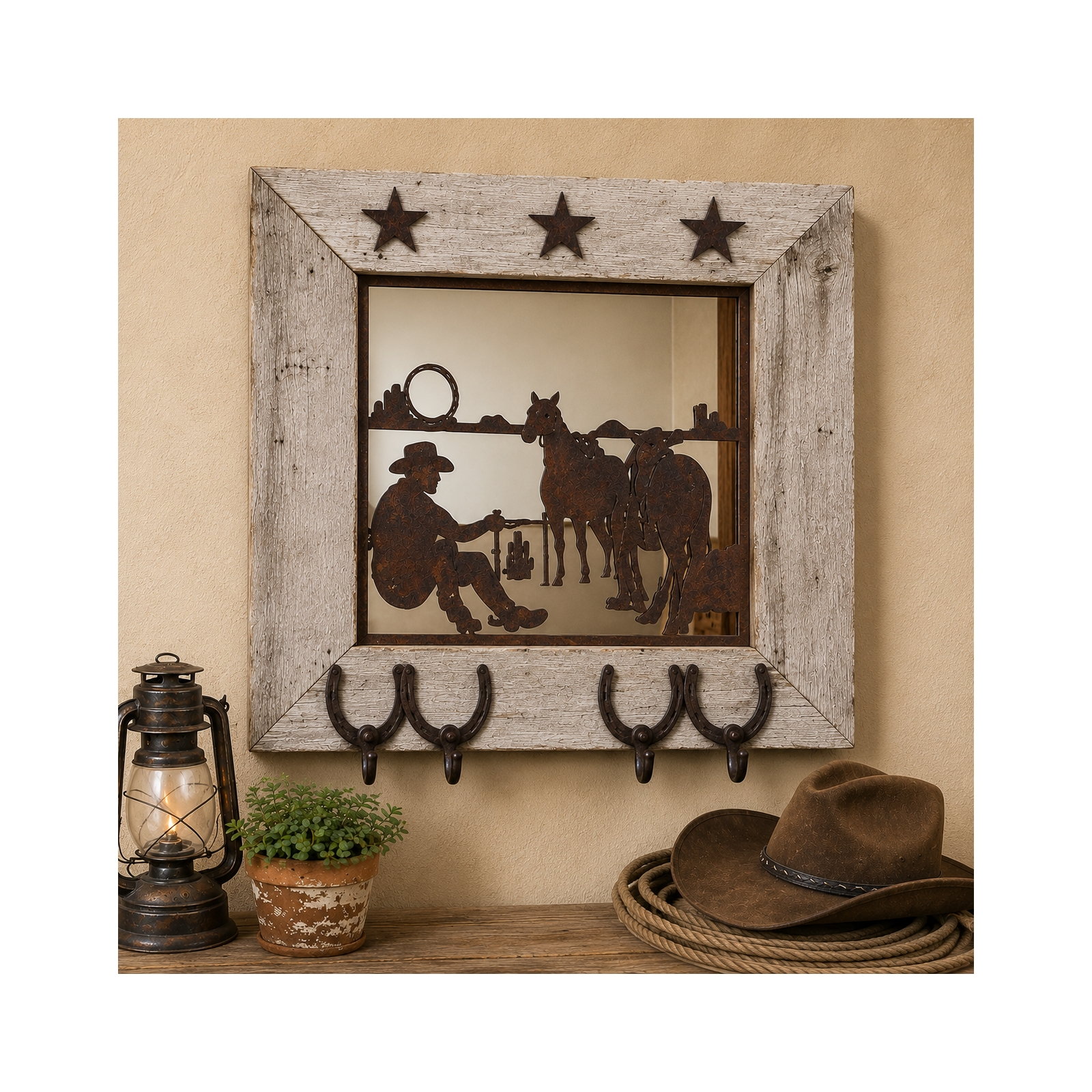 Cowboy Silhouette Barn Wood Mirror Hook Rack